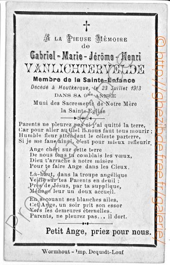 Gabriel Marie Jrome Henri Vanlichtervelde, dcd  Houtkerque, le 23 Juillet 1913 (9me anne).